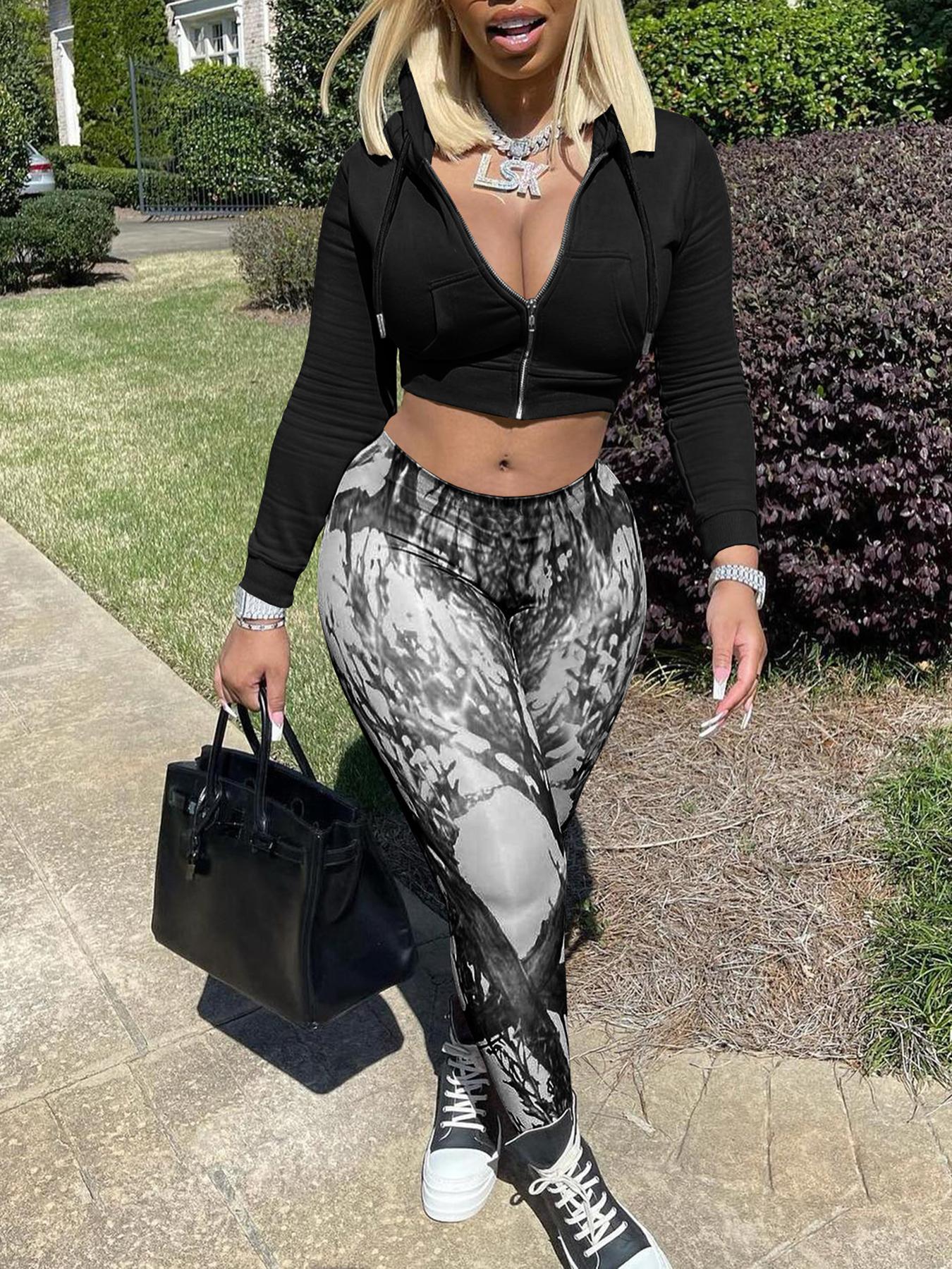 Women Casual Zipper Long Sleeve Top and Print Pants Two-Piece Set