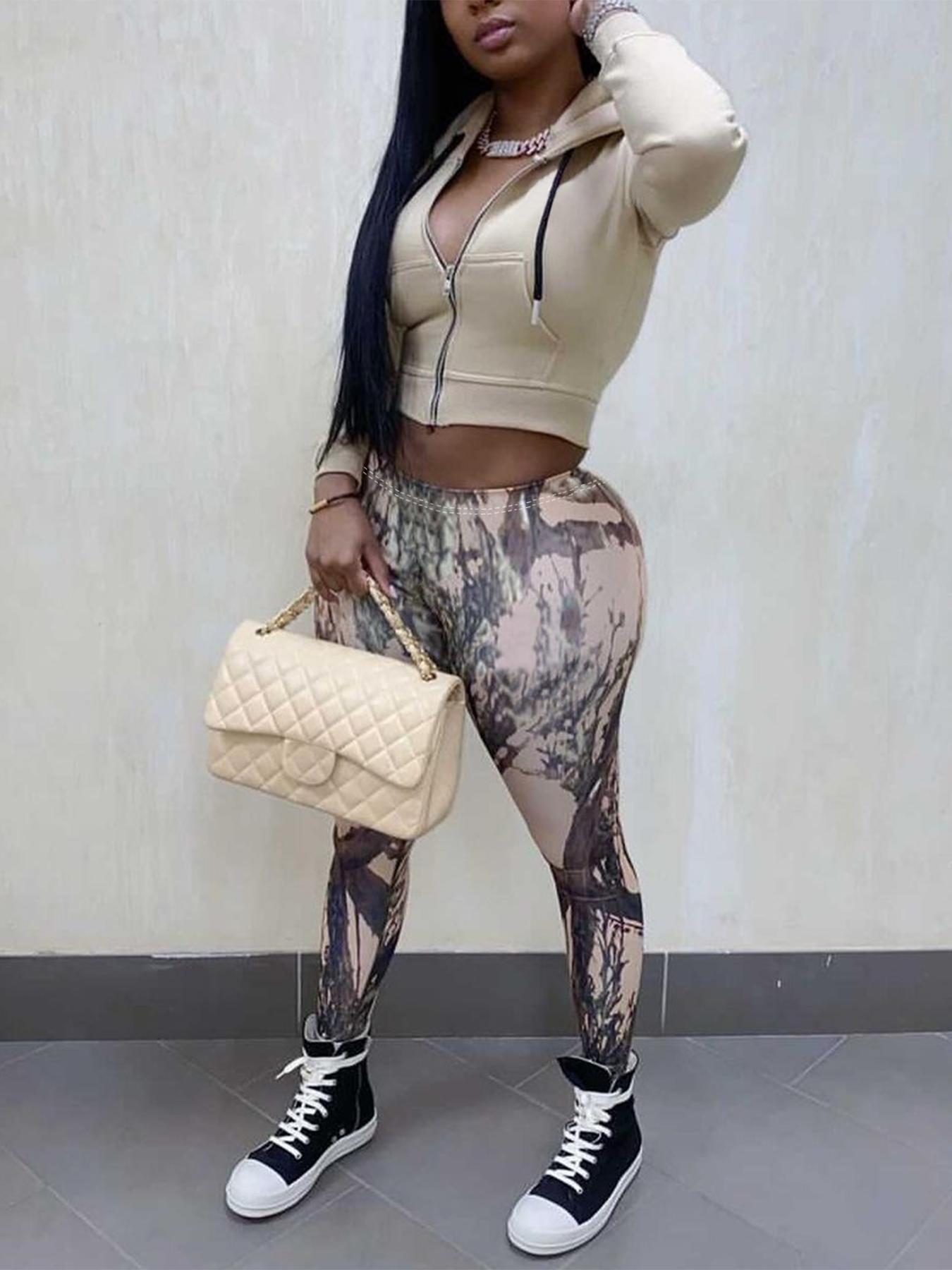 Women Casual Zipper Long Sleeve Top and Print Pants Two-Piece Set