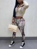 Women Casual Zipper Long Sleeve Top and Print Pants Two-Piece Set