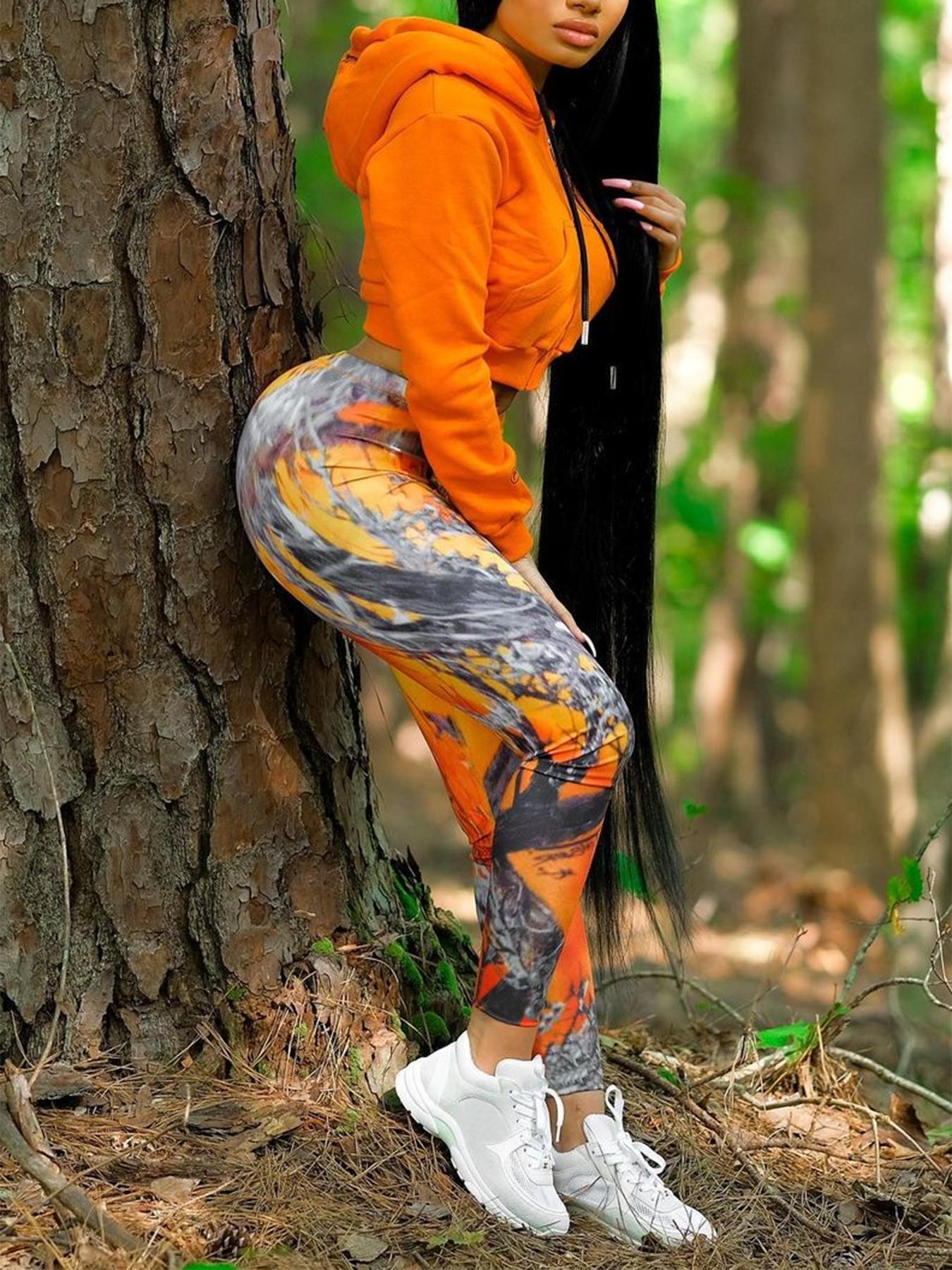 Women Casual Zipper Long Sleeve Top and Print Pants Two-Piece Set