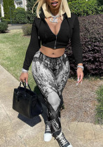 Women Casual Zipper Long Sleeve Top and Print Pants Two-Piece Set Women Casual Zipper Long Sleeve Top and Print Pants Two-Piece Set