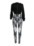 Women Casual Zipper Long Sleeve Top and Print Pants Two-Piece Set