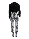 Women Casual Zipper Long Sleeve Top and Print Pants Two-Piece Set