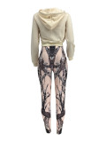 Women Casual Zipper Long Sleeve Top and Print Pants Two-Piece Set