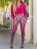 Women Casual Zipper Long Sleeve Top and Print Pants Two-Piece Set