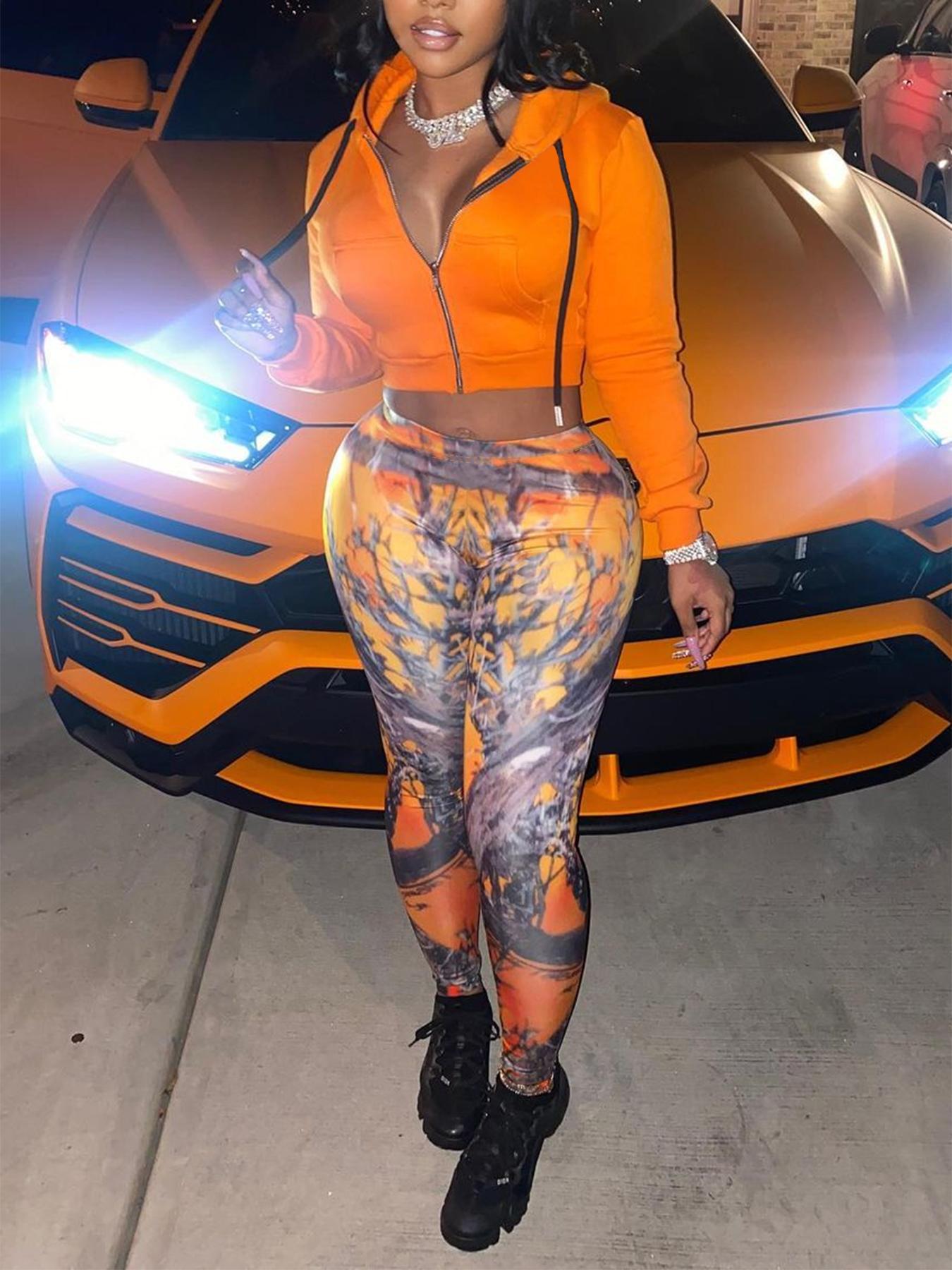 Women Casual Zipper Long Sleeve Top and Print Pants Two-Piece Set