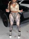 Women Casual Zipper Long Sleeve Top and Print Pants Two-Piece Set