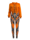 Women Casual Zipper Long Sleeve Top and Print Pants Two-Piece Set