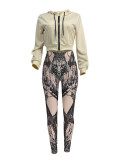 Women Casual Zipper Long Sleeve Top and Print Pants Two-Piece Set