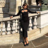 Spring Solid Color High Neck Lace Patchwork Long Sleeve Slim Dress