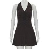 Summer Solid Color Sleeveless V-Neck Halter Neck Lace Short Slim Dress