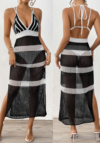 Women's Contrast Color Strap Lace-Up Slim Knitting Dress Beach Cover-Up