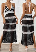 Women's Contrast Color Strap Lace-Up Slim Knitting Dress Beach Cover-Up Women's Contrast Color Strap Lace-Up Slim Knitting Dress Beach Cover-Up
