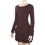 Spring Solid Color Round Neck Long Sleeve  High Waist Slim Ruffle Women's Dress