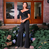 Women's Clothing Off Shoulder Short Sleeve Slim Waist Chic Jumpsuit Evening Party Wear