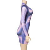Spring Round Neck Long Sleeve Fashion Print Slim Short Dress