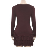 Spring Solid Color Round Neck Long Sleeve  High Waist Slim Ruffle Women's Dress