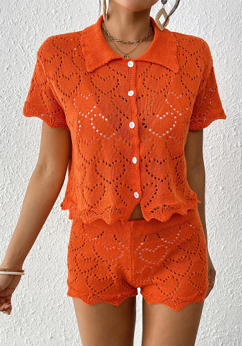 Women's Turndown Collar Top Mini Bodycon Shorts Beach Cover-Up Two-Piece Set