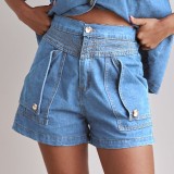 Summer Women's Casual Loose Denim Shirt Shorts Set