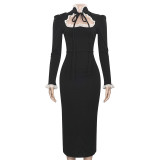 Spring Solid Color High Neck Lace Patchwork Long Sleeve Slim Dress