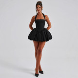 Summer Style Sexy Slim Waist Lace-Up Halter Neck Bubble Dress