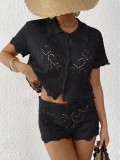 Women's Turndown Collar Top Mini Bodycon Shorts Beach Cover-Up Two-Piece Set