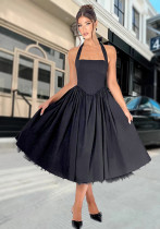 Sexy Women's Lace-Up Strap Slim Pleated A-Line Midi Dress