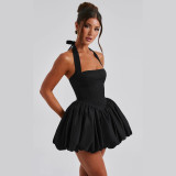 Summer Style Sexy Slim Waist Lace-Up Halter Neck Bubble Dress