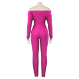 Spring Solid Color V-Neck Off Shoulder Knot Hollow Sexy High Waist Long Sleeve Jumpsuit