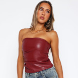 Spring Solid Color Sexy Leather Strapless Slim Women's Top