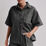 Summer Women's Casual Loose Denim Shirt Shorts Set