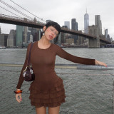 Spring Solid Color Round Neck Long Sleeve  High Waist Slim Ruffle Women's Dress