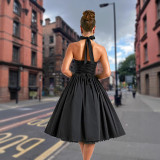 Sexy Women's Lace-Up Strap Slim Pleated A-Line Midi Dress