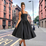 Sexy Women's Lace-Up Strap Slim Pleated A-Line Midi Dress