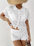 Women's Turndown Collar Top Mini Bodycon Shorts Beach Cover-Up Two-Piece Set