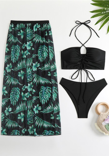 Lace-Up Halter Neck Bikini Printed Skirt Female Three-Piece Swimsuit