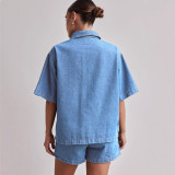 Summer Women's Casual Loose Denim Shirt Shorts Set