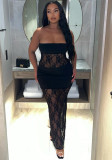 Summer Solid Color Sexy Lace Patchwork Strapless Slim Long Dress