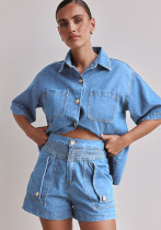 Summer Women's Casual Loose Denim Shirt Shorts Set Summer Women's Casual Loose Denim Shirt Shorts Set