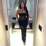 Summer Solid Color Sexy Lace Patchwork Strapless Slim Long Dress