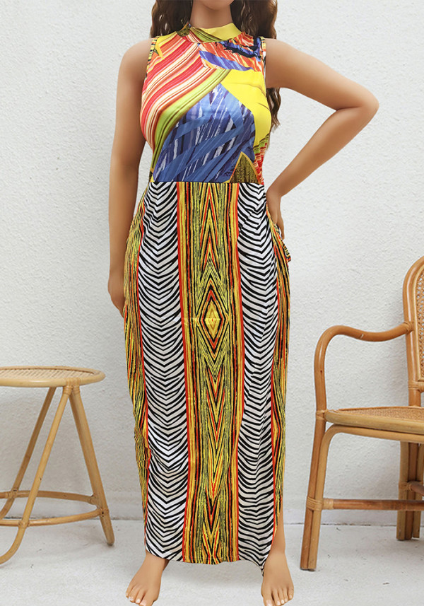 Plus Size Women's Printing Sleeveless Slit Maxi Dress