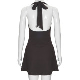 Summer Solid Color Sleeveless V-Neck Halter Neck Lace Short Slim Dress