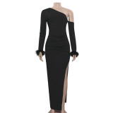 Spring Solid Color Slash Shoulder Feather Patchwork Sexy Slit Slim Dress