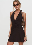 Summer Solid Color Sleeveless V-Neck Halter Neck Lace Short Slim Dress