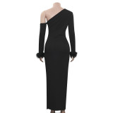 Spring Solid Color Slash Shoulder Feather Patchwork Sexy Slit Slim Dress