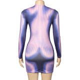 Spring Round Neck Long Sleeve Fashion Print Slim Short Dress