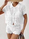 Women's Turndown Collar Top Mini Bodycon Shorts Beach Cover-Up Two-Piece Set