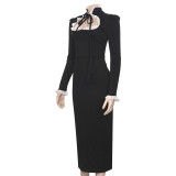 Spring Solid Color High Neck Lace Patchwork Long Sleeve Slim Dress