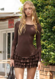 Spring Solid Color Round Neck Long Sleeve  High Waist Slim Ruffle Women's Dress