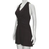 Summer Solid Color Sleeveless V-Neck Halter Neck Lace Short Slim Dress